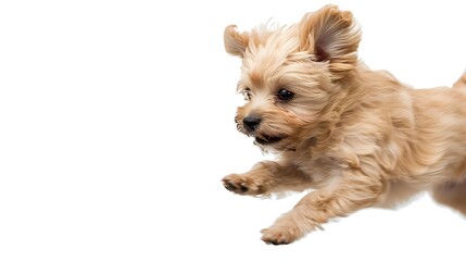 Playful puppy little Maltipoo dog running playing isolated over white background Concept of care animal life health show breed of dog Copy space for ad : Generative AI
