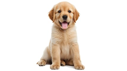 Adorable 3 months old Golden retriever pup sitting facing front Looking towards camera with dark brown eyes Isolated on a white background Mouth open tongue out : Generative AI