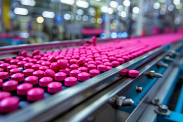 Automated Production Line with Pink Tablets in Pharmaceutical Factory