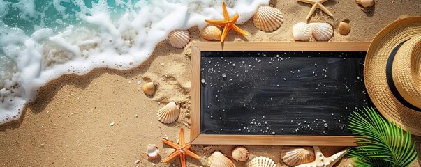 Blackboard on a sandy beach with seashells and a sunhat around, ideal for summer workshops