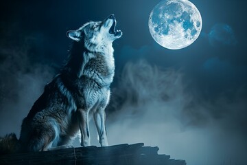 Digital artwork of wolf howling in the fog and full moon, high quality, high resolution