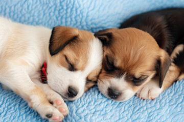 Two Adorable Sleeping Puppies on a Blue Blanket Capturing Perfect Peace and Cuteness