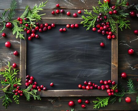 Blackboard with a backdrop of evergreen sprigs and cranberries, suitable for festive recipes