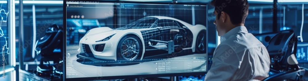 Poster In a cuttingedge technology lab, a professional engineer is creating a futuristic car concept using innovative tools, precision engineering, and virtual workspaces for design process