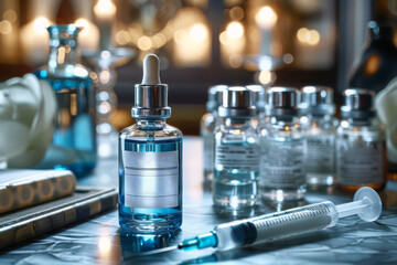 Glass vial of blue liquid and a syringe are placed on a pristine table with various medical...