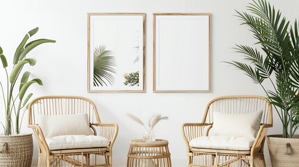 Blank empty picture frame mockup on white wall Artwork in interior design Modern boho style interior with poster template : Generative AI