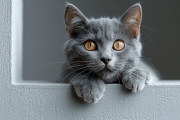 Digital image of photo of grey cat peeking out from behind a blank board