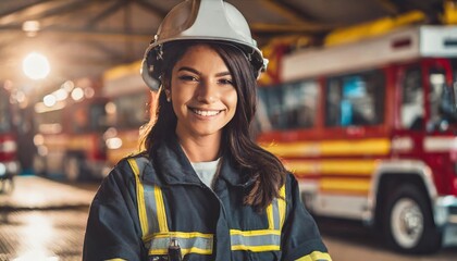  Portrait of a female firefighter, smiling young heroine in copy space of garage with fire trucks 