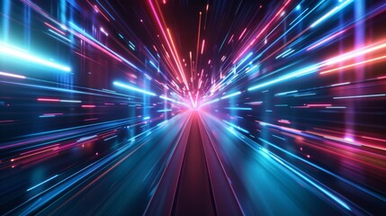 Obraz premium Abstract background with light streaks and glow, futuristic speed motion in blue and red colors, neon lines, glowing fast moving path, dark night atmosphere. High technology concept of digital space, 