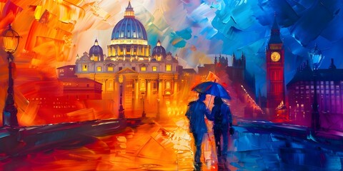 Romantic Street View Oil Painting of Vatican and Big Ben with Couple Under Umbrella. Concept Oil Painting, Romantic, Street View, Vatican, Big Ben, Couple, Umbrella