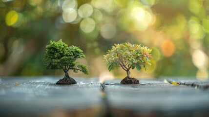 Two miniature trees on wooden surface with blurred green background - Powered by Adobe
