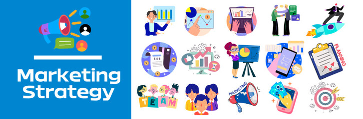 Fototapeta premium Marketing strategy Icons sets, target, public-relation, planning, marketing, credit-card-payment, bar-chart, business analytics, business-chart, ecommerce, team-management, Vector Illustration
