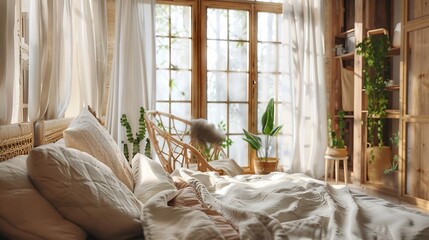 Rustic home design with ethnic decoration Bed with pillows wooden furniture plants in pots armchair and curtains on large windows in cozy bedroom interior nobody flat lay panorama free : Generative AI