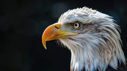 Obraz premium Close-up of bald eagle's head profile against dark background
