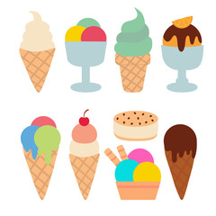 Ice cream collection. Citrus orange, ball in cup, classic, gelato, sorbet, Waffle cup, sundae, vanilla, with cherry, sandwich, chocolate, in cone. Summer time sweet food.