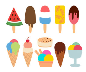 Ice cream collection. Citrus orange, watermelon, ball in cup, classic, gelato, sorbet, Waffle cup, fudge, popsicle, sundae, vanilla, with cherry, sandwich, chocolate, in cone. Summer time sweet food.