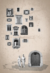 Couple of elderly people standing near retro house. Fantasy house with surreal vintage background - art collage