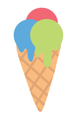 Ice cream in waffle cone with colorful three scoops. Summer time sweet food. Vector flat illustration.