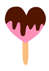 Ice cream with chocolate on stick, in shape of heart. Summer time sweet food. Vector flat illustration.
