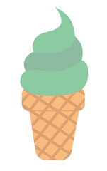 Ice cream pistachio or mint in waffle cone. Summer time sweet food. Vector flat illustration.
