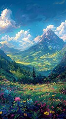 Fototapeta premium Beautiful winter scenery of snow-capped Alpine peaks. With green fields and clear blue skies.