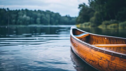 Obraz premium Wooden canoe floating calmly on tranquil lake with forest in background