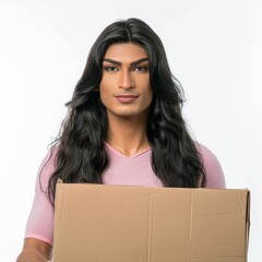 Obraz premium Lulu, a 30 years old transsexual logistic staff wearing pink shirt holding a big cardboard package ,studio photo 