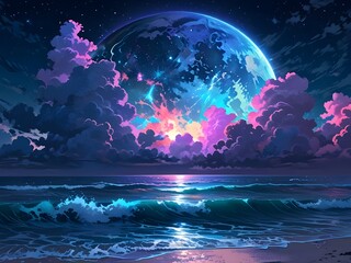 Obraz premium neon light art, in the dark of night, moonlit seas, clouds, moon, stars, colorful, detailed, 4k Generative AI
