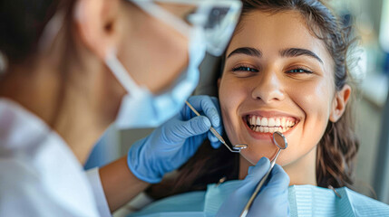 a patient smiling comfortably during a dental check-up, showcasing the dentist's gentle approach and the well-lit, inviting environment of the dental office.