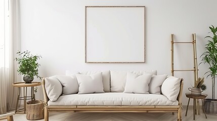 Boho and cozy interior of living room with design beige sofa pillows mock up poster frames side tables plants bamboo ladder decoration and personal accessories Home decor Template : Generative AI