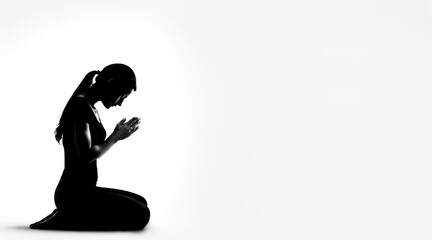 A cute girl praying while practising yoga, high key silhouette shot, isolated body over a white backdrop.
