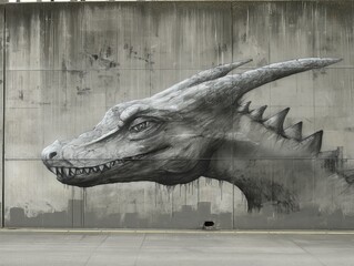 A large gray dragon with a mouth open and teeth showing. The dragon is painted on a wall