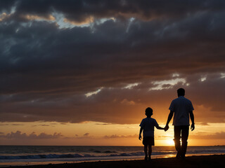 Obraz premium Silhouette of father and son walking at sunset, happy Father's Day