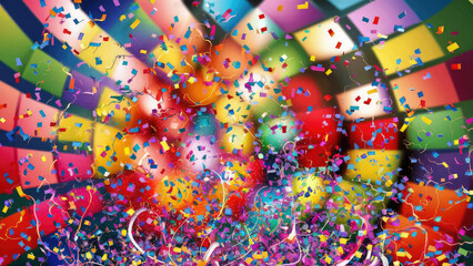 Colorful confetti in front of colorful background with bokeh for carnival