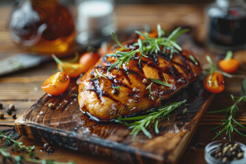 Grilled Chicken Breast with Glaze and Herbs on Rustic Wooden Board