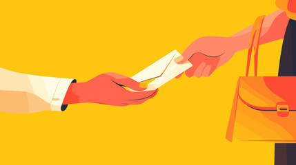 A person's hand holding an envelope. The other person is holding a bag with one hand and receiving the envelope with the other hand.