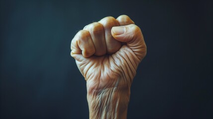 A mans fist is raised, showing determination and strength