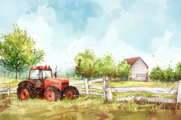 watercolor of tractor and garden, illustration painting