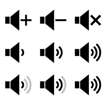 volume control icons set, sound level pictogram, increase decrease voice sign, vector illustration set