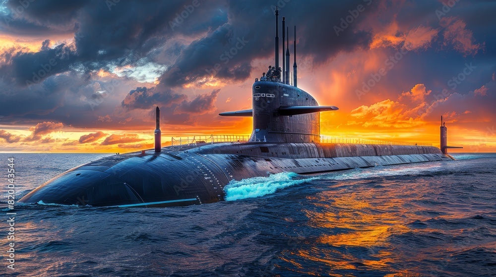 Wall mural aerial view of a submarine emerging from the ocean s depths at sunset in a mesmerizing scene