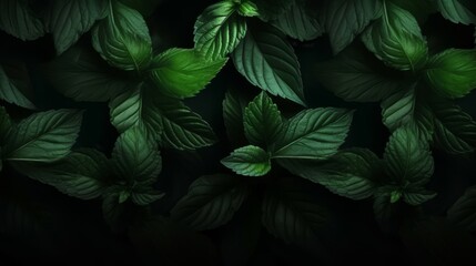 Fototapeta premium mint leaves from top view in dark background.