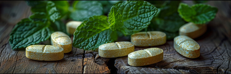 Mint tablets, pills on wooden background