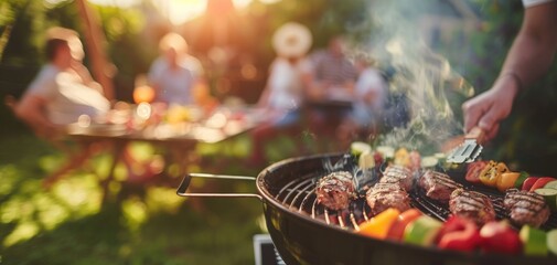 People enjoying a barbecue, banner concept, selective focus, summer gatherings, realistic, composite, backyard backdrop