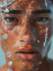 Close-up portrait of beautiful young man under water drops. Beauty, fashion.