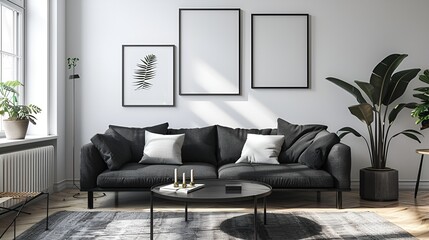 Modern living room, Scandinavian minimalist: White walls, light wooden floors, black fabric sofa, throw pillows, wall art