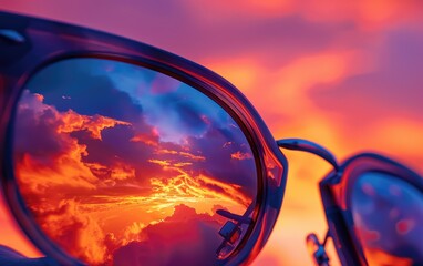 Sunglasses reflecting a sunset, banner concept, close up, summer accessories, surreal, fusion, sunset backdrop