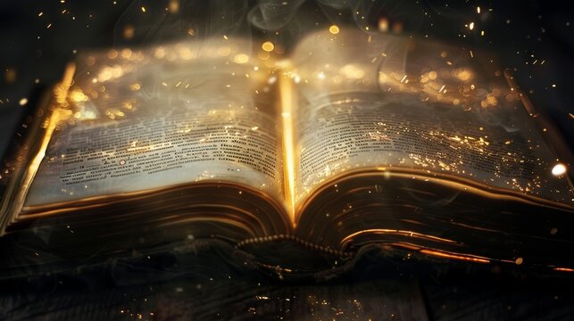 Magical open book with ancient pages, glowing softly, telling an enchanting story