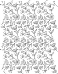 Black and white floral seamless pattern in vector. Spring endless background with flower, branch, heart, leaf, butterfly