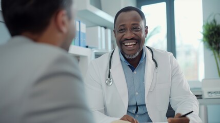 A friendly doctor is consulting with a patient in a modern office, maintaining a professional and caring atmosphere. This interaction shows expertise and support in healthcare services