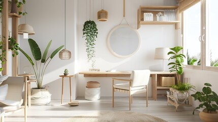 Modern and design home interior of open space with wooden desk coffee table sofa chair plants mirror macrame and elegant accessories Stylish and minimalistic home decor Template Bright : Generative AI